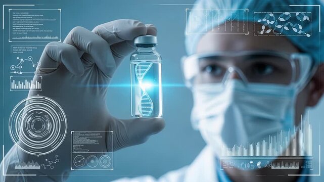 Futuristic holographic DNA helix rotating in scientist's hands