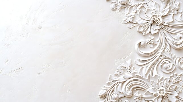 Ornate, white plasterwork border on a textured wall