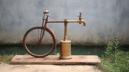 Vintage bicycle with a water faucet in a rustic outdoor setting