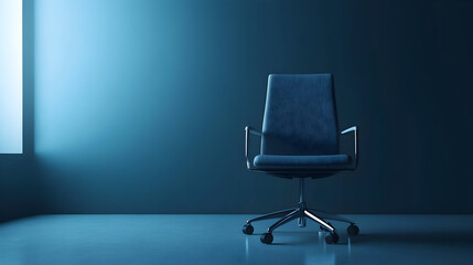 An office chair sits alone against a blue wall in a minimalist room.