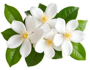 Obraz premium Fresh white petals and vivid green leaves form a delightful arrangement of blooming natural beauty.