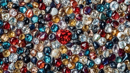 Colorful pile of assorted gemstones with emphasis on a red heart shape. Abstract representation of love. Set against a white background.
