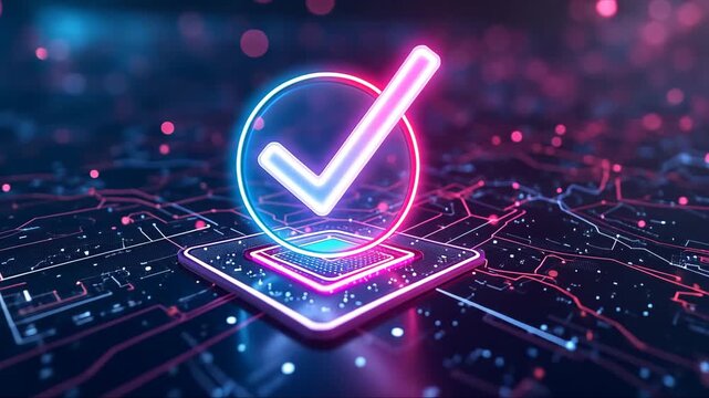 Glowing check mark is on a computer chip. The check mark is surrounded by a glowing blue and purple background