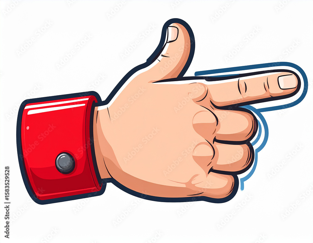 Poster animated hand gesture pointing with index finger and red cuff isolated against a bright white backgr