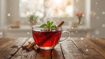 Glass cup of red herbal tea with mint leaves and cinnamon sticks on wooden table with soft background and natural light