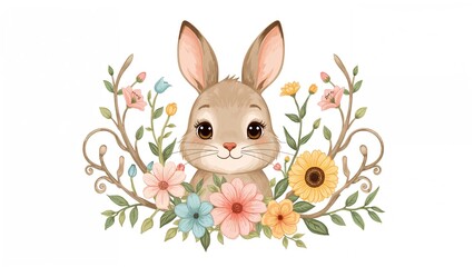 Obraz premium Delightful Animated White Bunny Featuring Flowers and Branches
