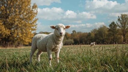 Naklejka premium Adorable lamb gazing at something in a meadow during fall