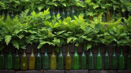 Green Bottles and Lush Plants Create an Inviting Natural Atmosphere