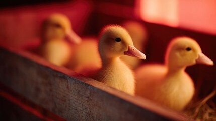 Cute Baby Ducks in a Wooden Box Under Soft Ambient Light