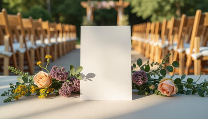 Menu mockup. Blank wedding ceremony sign with flowers and arch