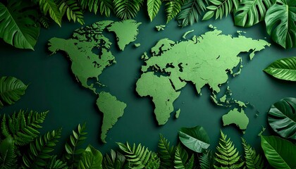 Green world map surrounded by lush tropical foliage