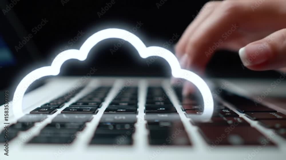 Poster typing on laptop keyboard with cloud computing symbol overlay on black background