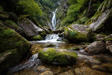 Fototapeta premium Waterfall cascades among mossy rocks and lush green vegetation in a serene natural setting
