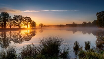 serene sunrise over a misty lake with trees mirrored in calm waters