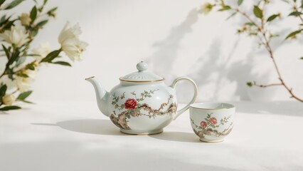 A tea cup paired with a teapot on a clean white surface