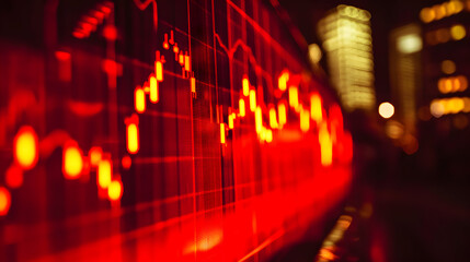 Abstract red financial graph overlaying a blurred cityscape at night.