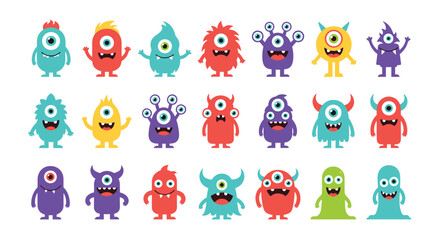 Obraz premium Collection of funny diverse cartoon monsters aliens with big eyes and teeth friendly creatures imaginary characters