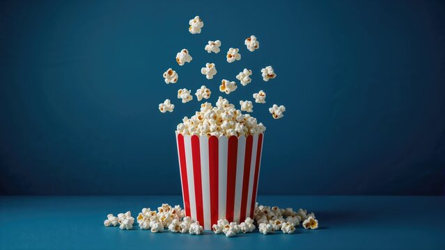 A retro popcorn box with popcorn flying out humorously, surrounded by natural vignette effect lighting and room for designer's text at the bottom. - Powered by Adobe