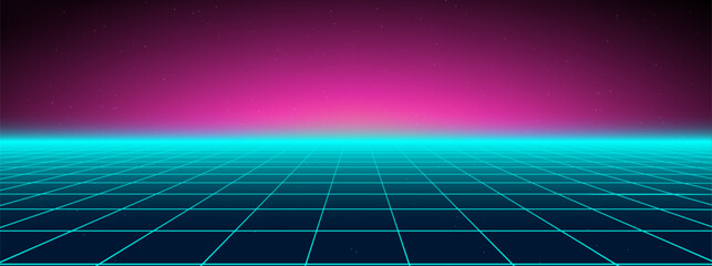 Neon grid game bg with 3D 80s retro cyberpunk purple patterns. Synthwave floor lights and arcade laser effects for virtual spaces. Futuristic wireframe glow vaporwave textures for metaverse.