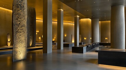 Modern minimalist lobby with warm lighting