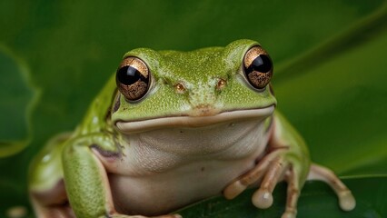 Green tree frog (Litoria infrafrenata) with distinctive white lips in close-up