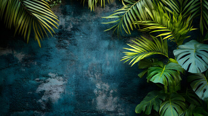 Lush green tropical foliage against a textured dark blue background.