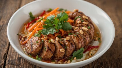 Fototapeta premium Close-up shot of sausage in traditional style with salad in a white bowl