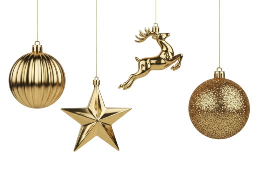 Four distinct golden Christmas ornaments (ribbed bauble, five-pointed star, leaping reindeer, glitter bauble) suspended by thin strings against a pristine transparent background, perfectly isolated,