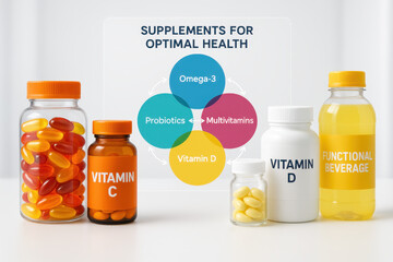 Colorful Vitamin Bottles And Supplements For Optimal Health On White Backgrounds