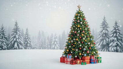 Fototapeta premium Festive tree alongside wrapped present in background