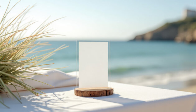 Table number mockup. Blank table card mockup on beachside wedding table