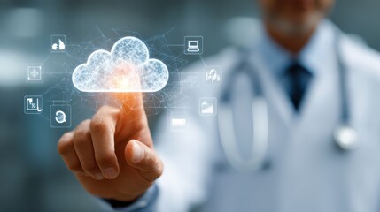 Obraz premium Medical Cloud Technology: Doctor Accessing Healthcare Data