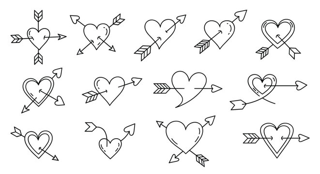 Collection of heart shapes pierced by arrows various arrows designs