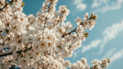 Fototapeta premium Apple tree blossoms in close-up with white flowers and blue sky background, displaying delicate petals and green foliage.