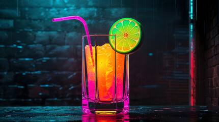 Neon glowing cocktail drink decorated, futuristic cyberpunk