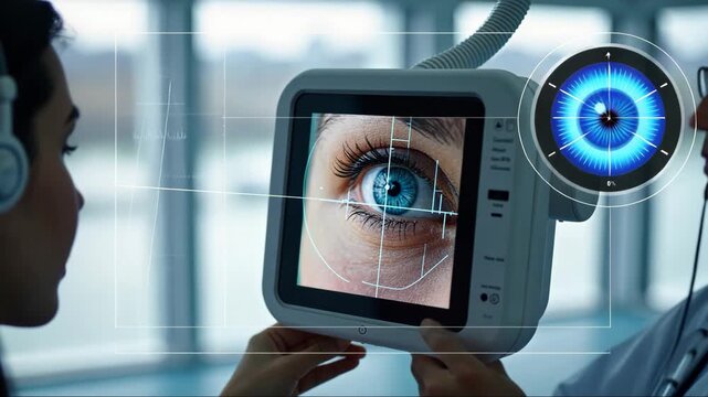 Woman is looking at a computer screen that shows a close up of her eye. Concept of curiosity and fascination as the woman examines her own eye