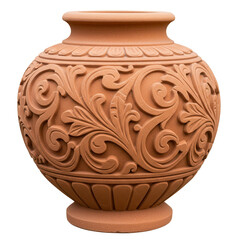 Ornate terracotta vase with intricate floral patterns, showcasing craftsmanship and design
