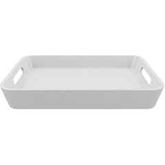 White serving tray with handles on a plain background, ideal for kitchen use