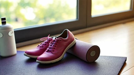 A gift card resting on a yoga mat, with a water bottle and a pair of sneakers nearby. The natural light from a nearby window create calm and working atmosphere.