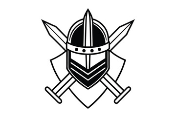 A clean and simple knight helmet, crossed swords, black and white illustration, medieval style, heraldry emblem, monochrome, minimalist