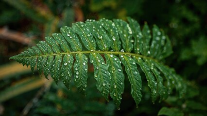 Intimate close-up of a fresh fern leaf sprinkled with moisture, representing tropical vegetation