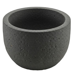 Round black stone planter with a textured surface, placed on a wooden table in a bright room