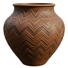 Traditional clay pot with intricate zigzag patterns displayed against a neutral backdrop