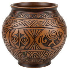 Decorative pottery vase with intricate tribal designs, showcasing craftsmanship and culture