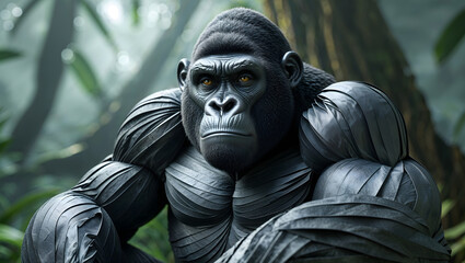 Powerful gorilla animal made of coal dark folded paper