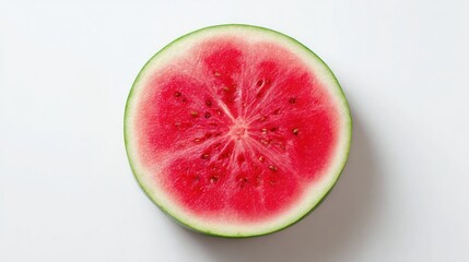Watermelon slice, vibrant red flesh, green seeds, circular