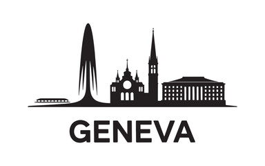 Geneva Skyline Silhouette Black and White Vector Illustration Swiss City Famous Landmarks Lake Geneva Jet d'Eau Cathedrale Buildings