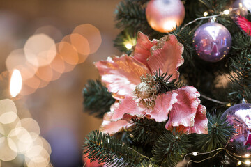 Magical Christmas background. Concept of preparation and decoration for the New Year. Holiday toys...
