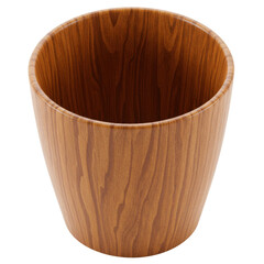 Wooden wastebasket with a smooth finish, placed on a clean office desk, minimalistic decor