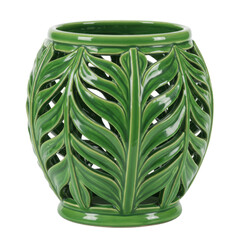 Decorative green ceramic vase with leaf patterns, showcasing intricate design details
